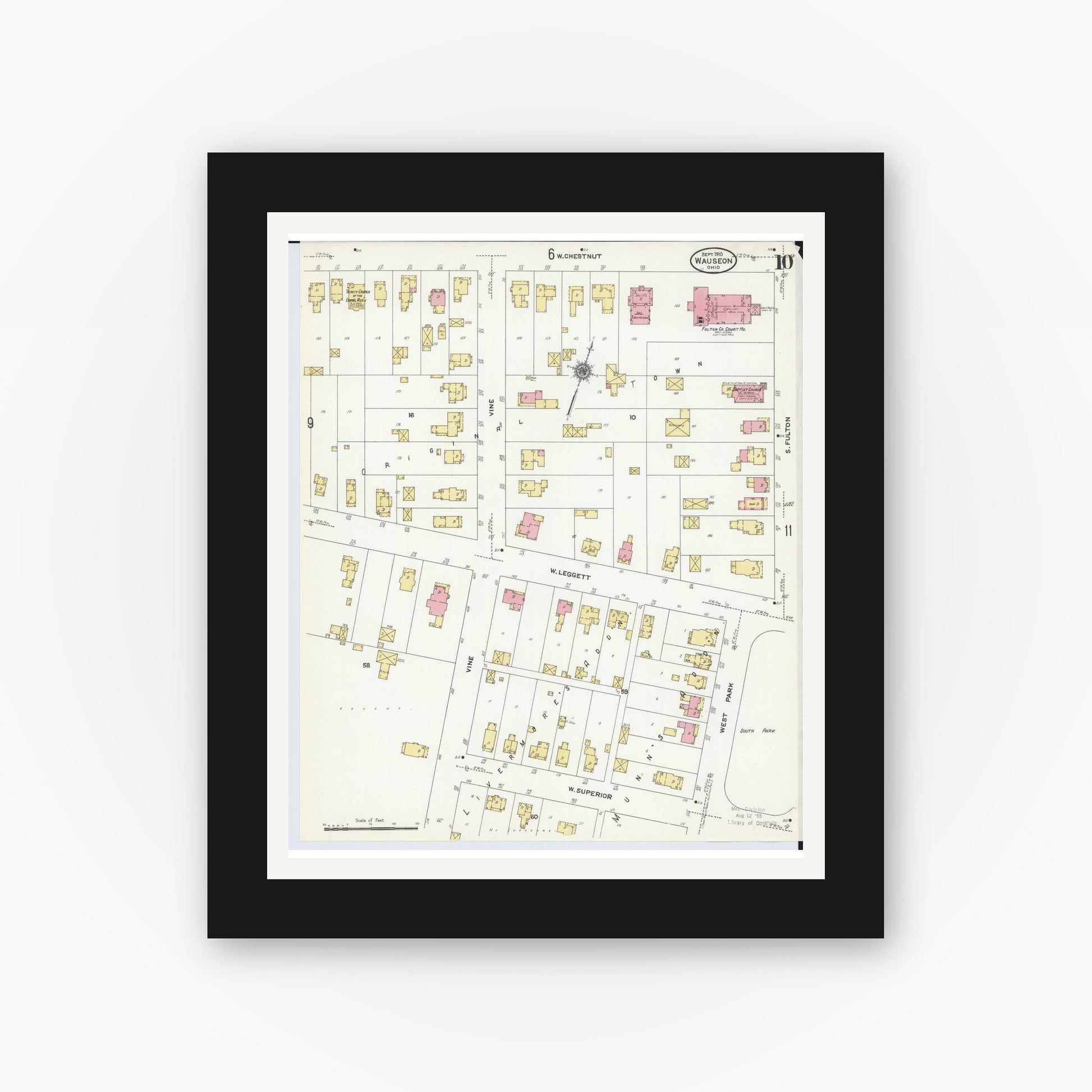 Old map wall art mockup — black gallery frame with white mat — Sanborn Fire Insurance Map from Wauseon, Fulton County, Ohio (1910), Sheet #0010