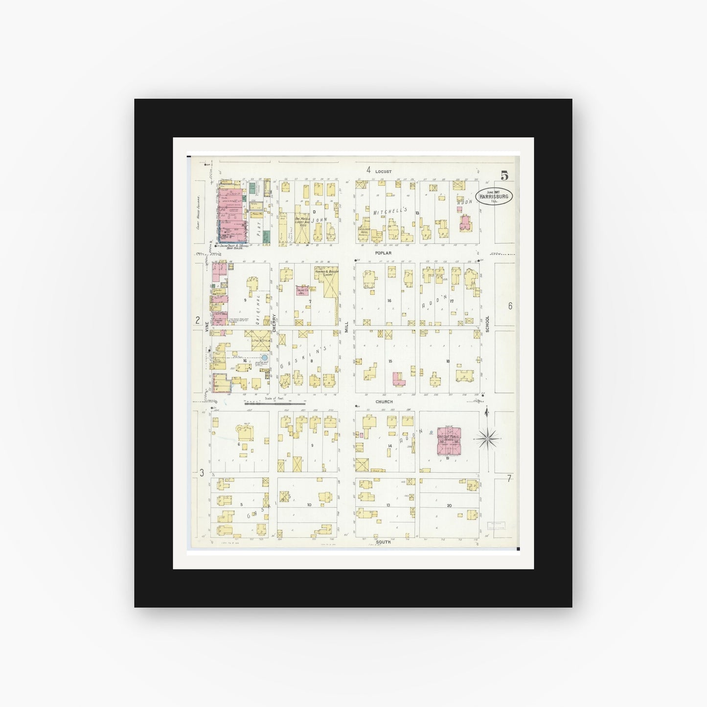 Old map wall art mockup — black gallery frame with white mat — Sanborn Fire Insurance Map from Harrisburg, Saline County, Illinois (1907), Sheet #0005