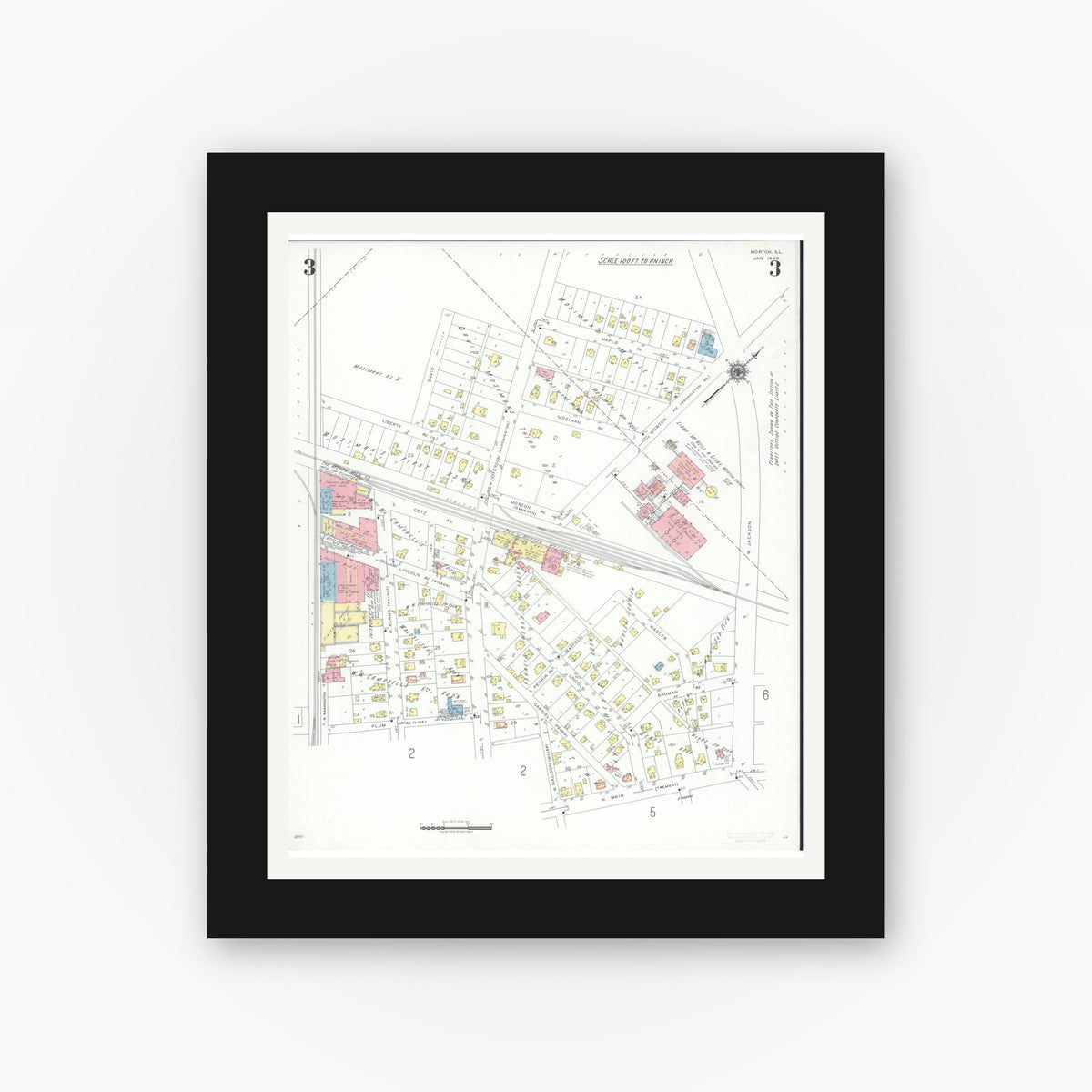 Old map wall art mockup — black gallery frame with white mat — Sanborn Fire Insurance Map from Morton, Tazewell County, Illinois (1940), Sheet #0003
