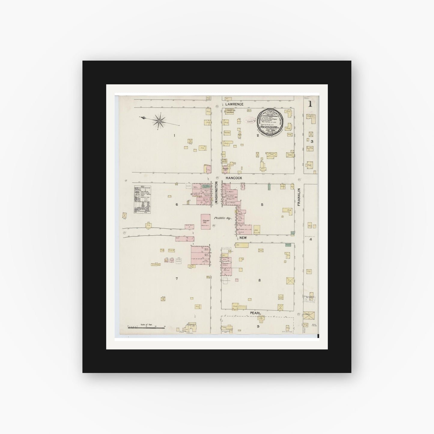 Old map wall art mockup — black gallery frame with white mat — Sanborn Fire Insurance Map from Rockingham, Richmond County, North Carolina (1889), Sheet #0001