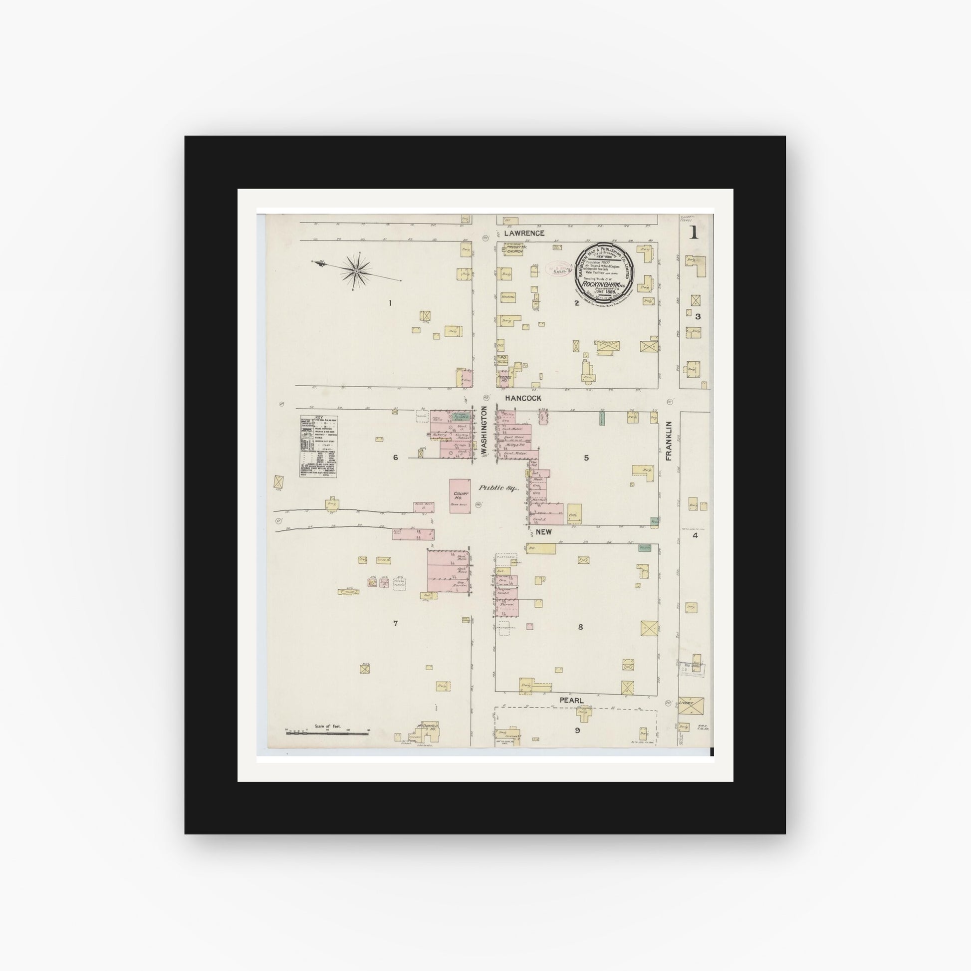 Old map wall art mockup — black gallery frame with white mat — Sanborn Fire Insurance Map from Rockingham, Richmond County, North Carolina (1889), Sheet #0001