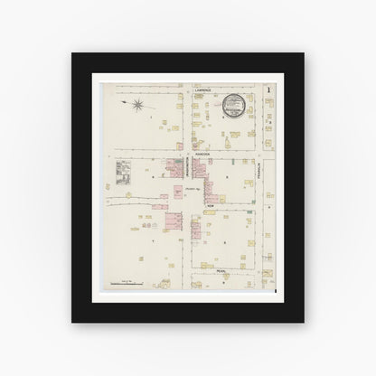 Old map wall art mockup — black gallery frame with white mat — Sanborn Fire Insurance Map from Rockingham, Richmond County, North Carolina (1889), Sheet #0001