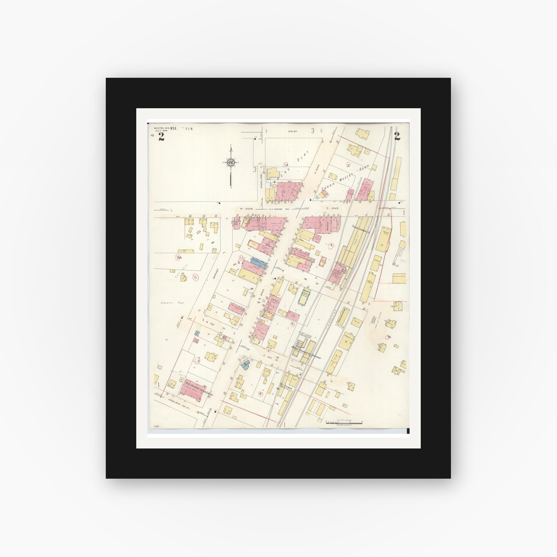Old map wall art mockup — black gallery frame with white mat — Sanborn Fire Insurance Map from Westby, Vernon County, Wisconsin (1940), Sheet #0002