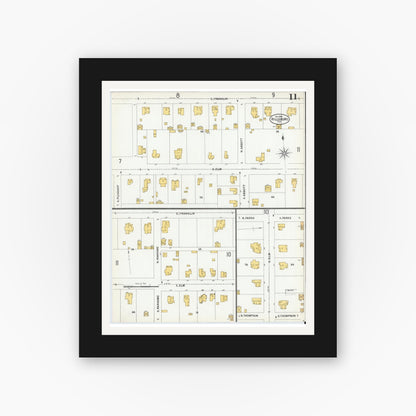 Old map wall art mockup — black gallery frame with white mat — Sanborn Fire Insurance Map from Hillsboro, Hill County, Texas (1900), Sheet #0011