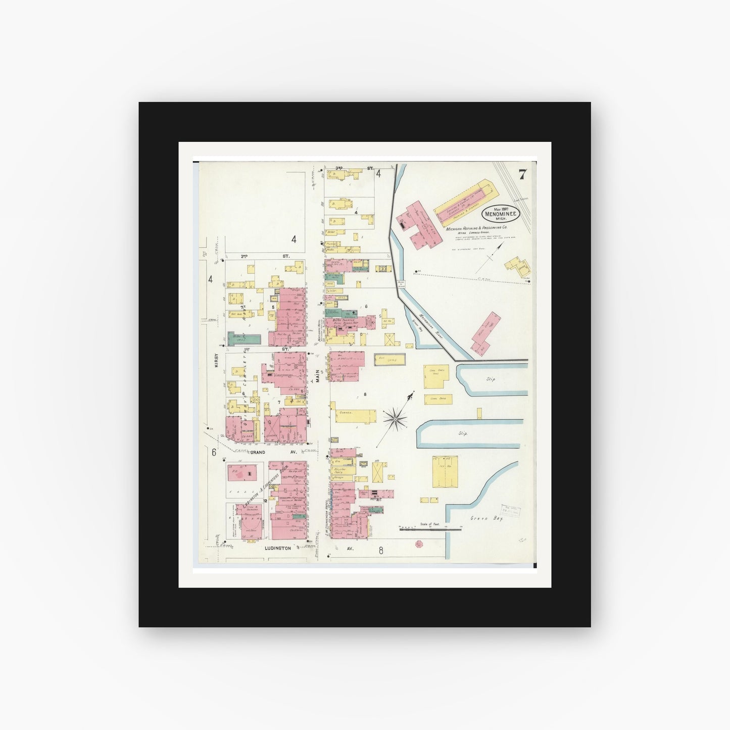 Old map wall art mockup — black gallery frame with white mat — Sanborn Fire Insurance Map from Menominee, Menominee County, Michigan (1907), Sheet #0007