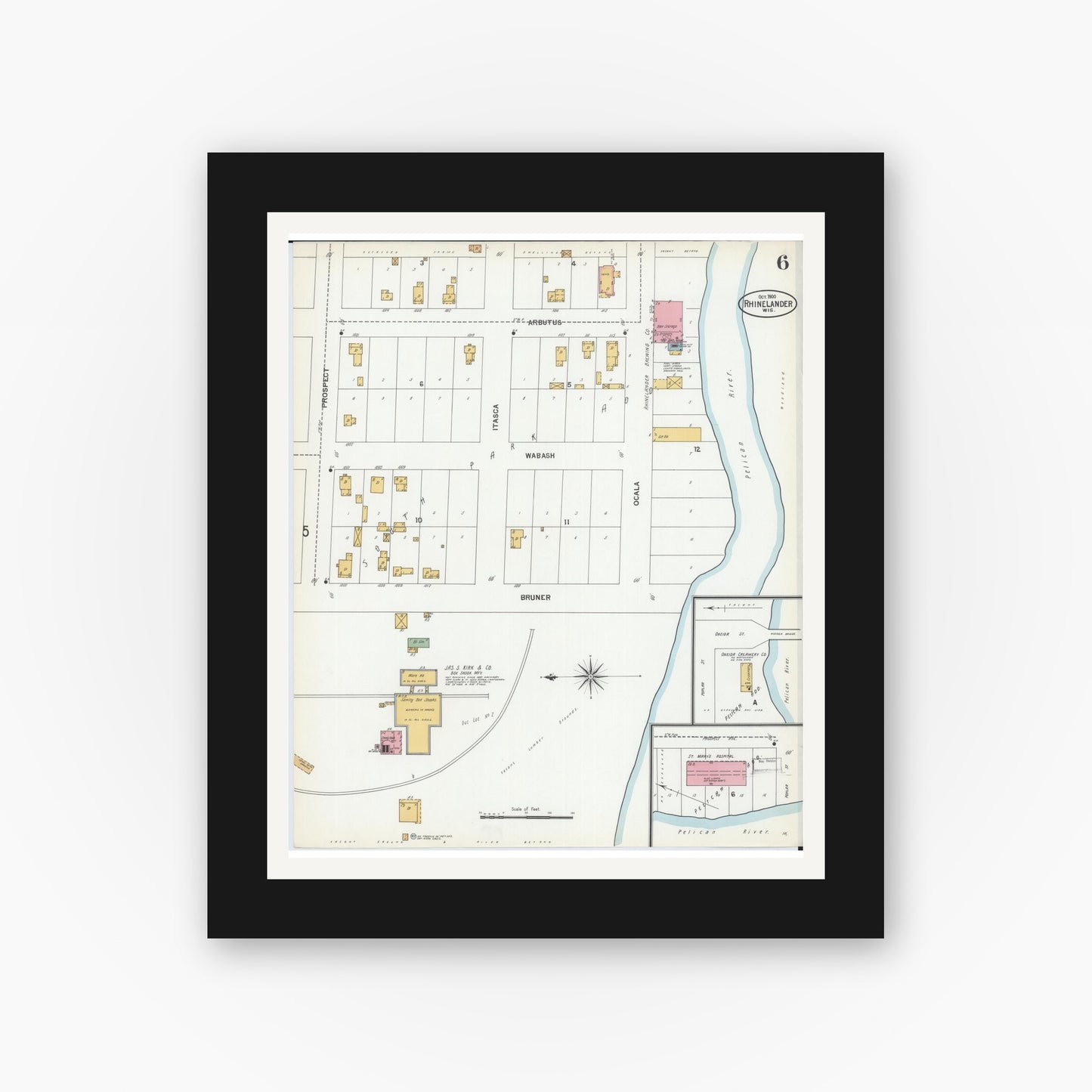 Old map wall art mockup — black gallery frame with white mat — Sanborn Fire Insurance Map from Rhinelander, Oneida County, Wisconsin (1900), Sheet #0006