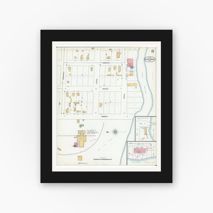 Old map wall art mockup — black gallery frame with white mat — Sanborn Fire Insurance Map from Rhinelander, Oneida County, Wisconsin (1900), Sheet #0006