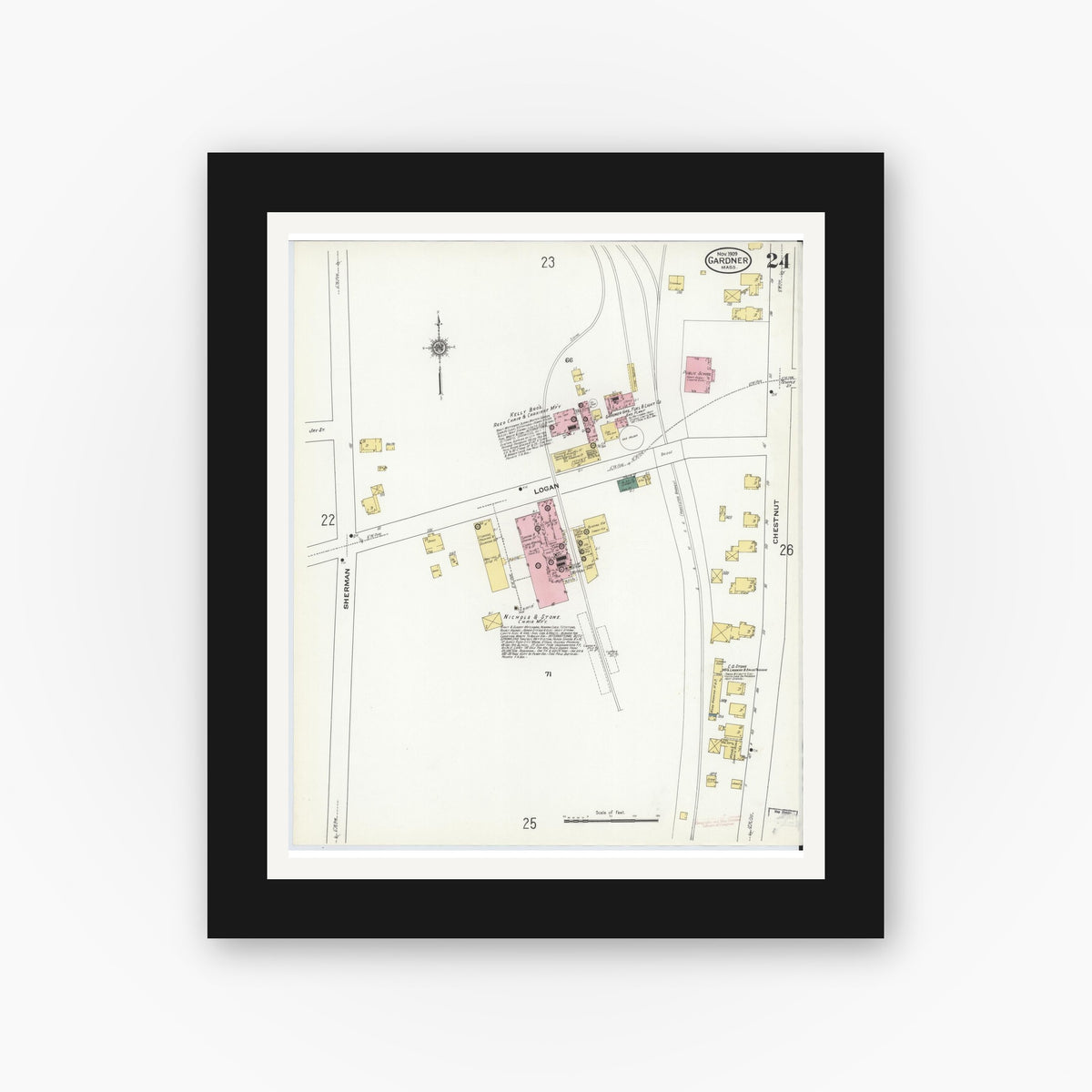 Old map wall art mockup — black gallery frame with white mat — Sanborn Fire Insurance Map from Gardner, Worcester County, Massachusetts (1909), Sheet #0024