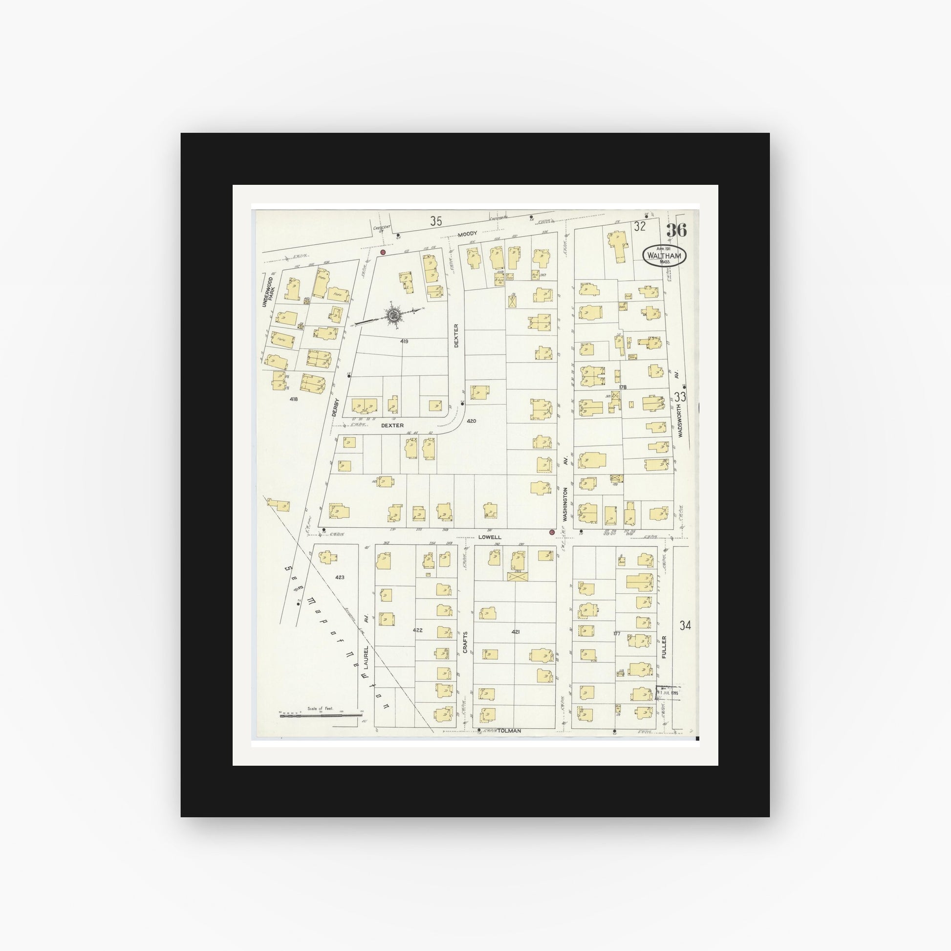 Old map wall art mockup — black gallery frame with white mat — Sanborn Fire Insurance Map from Waltham, Middlesex County, Massachusetts (1911), Sheet #0036