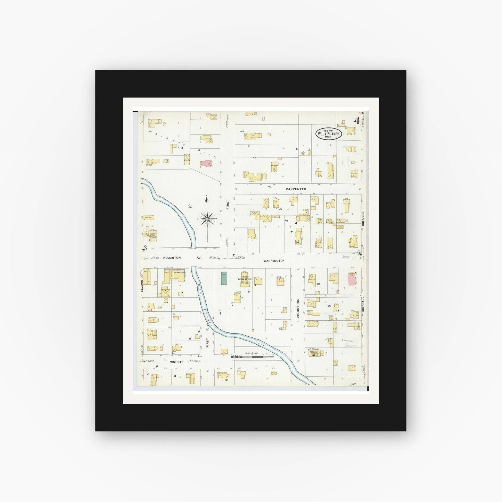 Old map wall art mockup — black gallery frame with white mat — Sanborn Fire Insurance Map from West Branch, Ogemaw County, Michigan (1909), Sheet #0004