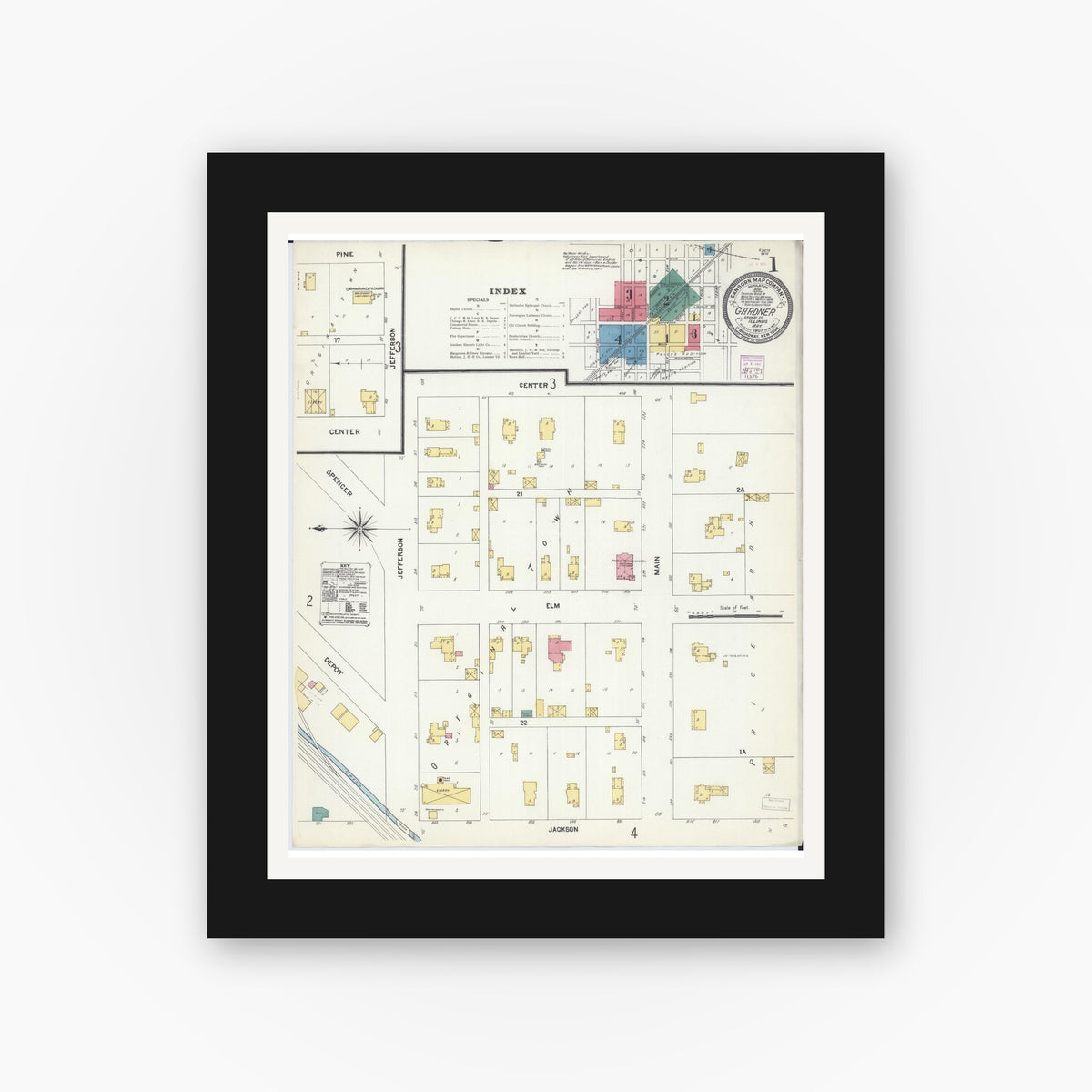 Old map wall art mockup — black gallery frame with white mat — Sanborn Fire Insurance Map from Gardner, Grundy County, Illinois (1907) - Complete Map Set