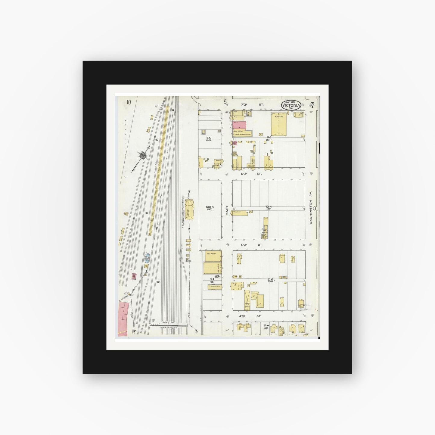 Old map wall art mockup — black gallery frame with white mat — Sanborn Fire Insurance Map from Victoria, Lunenburg County, Virginia (1921), Sheet #0007