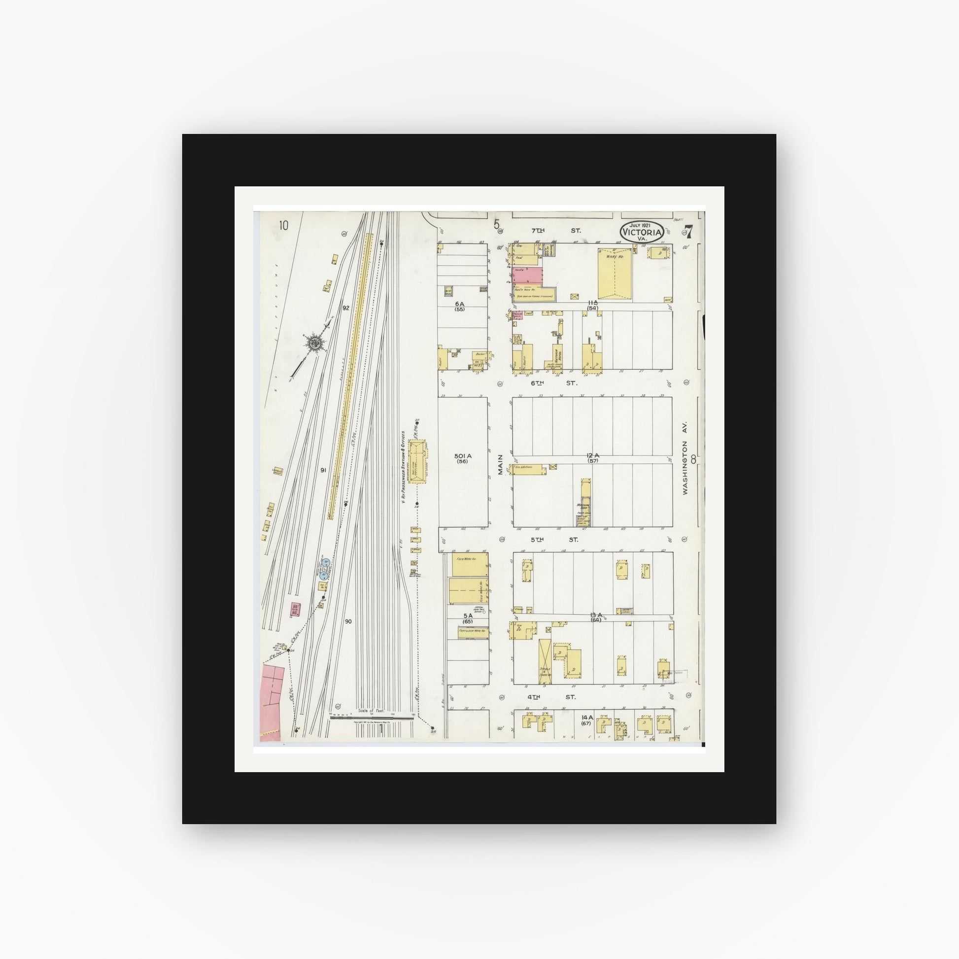 Old map wall art mockup — black gallery frame with white mat — Sanborn Fire Insurance Map from Victoria, Lunenburg County, Virginia (1921), Sheet #0007
