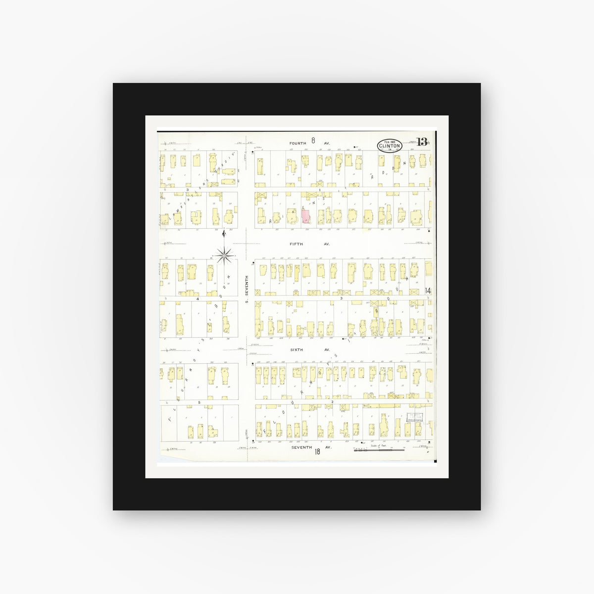 Old map wall art mockup — black gallery frame with white mat — Sanborn Fire Insurance Map from Clinton, Clinton County, Iowa (1909), Sheet #0013