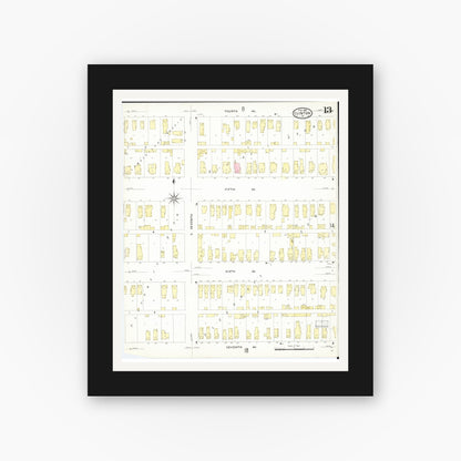 Old map wall art mockup — black gallery frame with white mat — Sanborn Fire Insurance Map from Clinton, Clinton County, Iowa (1909), Sheet #0013