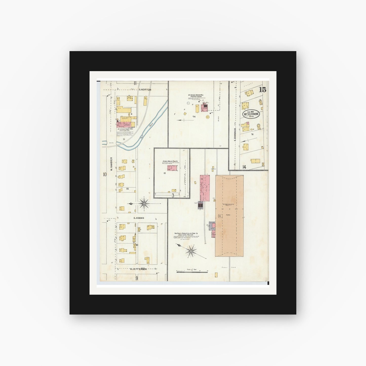 Old map wall art mockup — black gallery frame with white mat — Sanborn Fire Insurance Map from Mount Vernon, Knox County, Ohio (1903), Sheet #0015