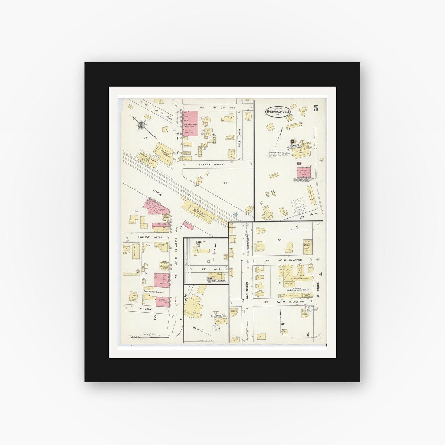 Old map wall art mockup — black gallery frame with white mat — Sanborn Fire Insurance Map from Hendersonville, Henderson County, North Carolina (1912), Sheet #0005