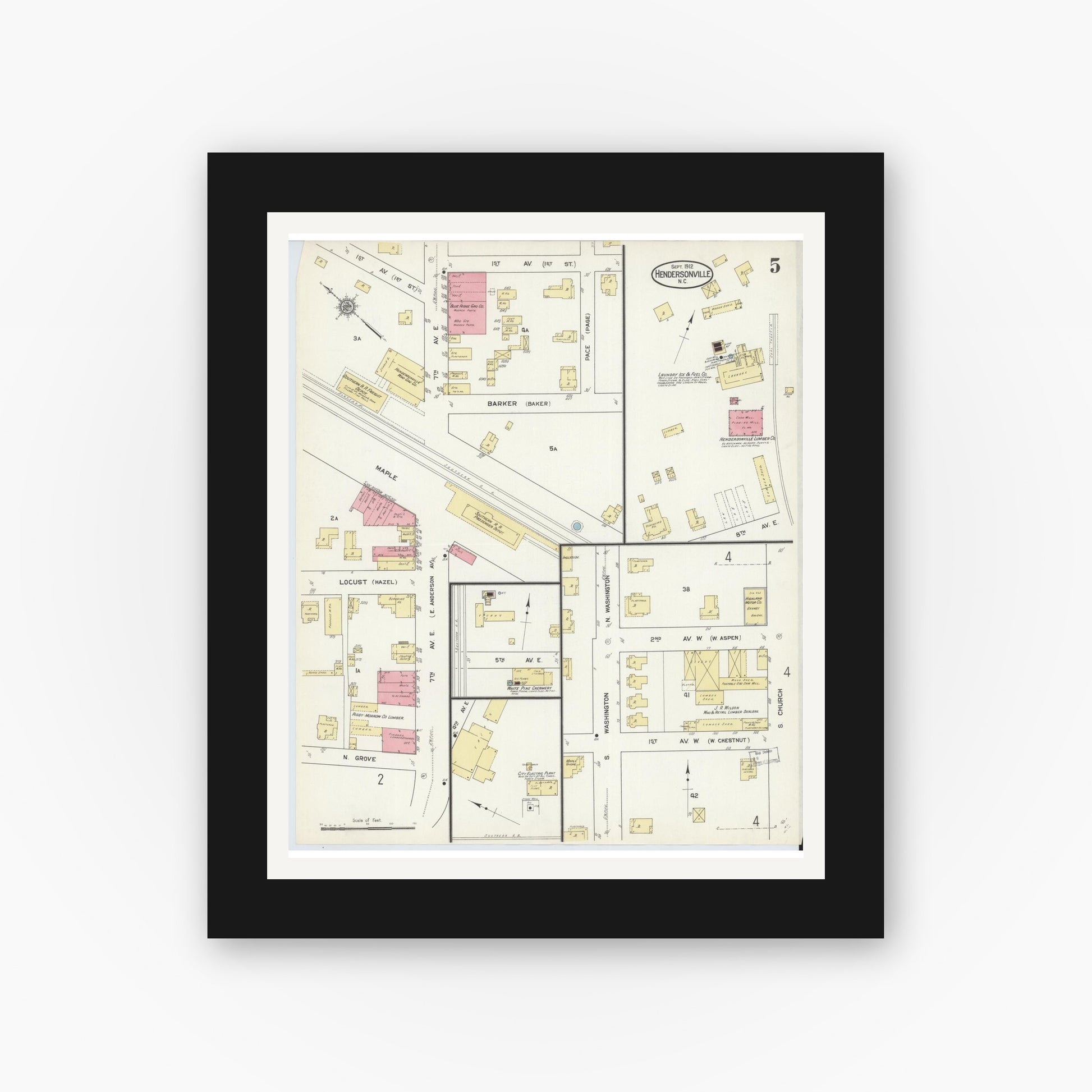Old map wall art mockup — black gallery frame with white mat — Sanborn Fire Insurance Map from Hendersonville, Henderson County, North Carolina (1912), Sheet #0005