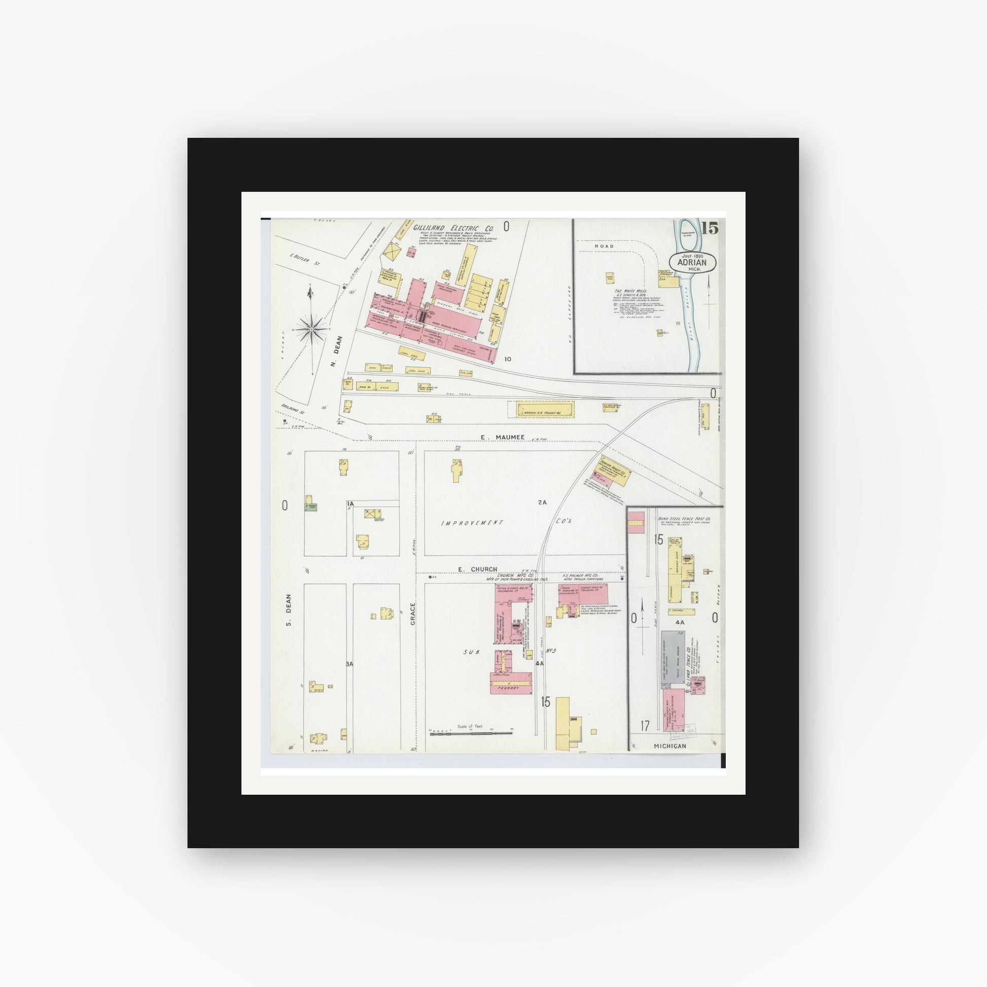 Old map wall art mockup — black gallery frame with white mat — Sanborn Fire Insurance Map from Adrian, Lenawee County, Michigan (1899), Sheet #0015