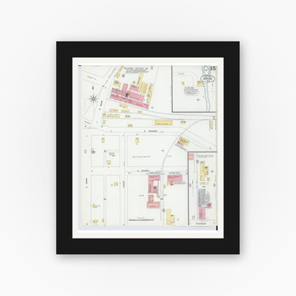Old map wall art mockup — black gallery frame with white mat — Sanborn Fire Insurance Map from Adrian, Lenawee County, Michigan (1899), Sheet #0015