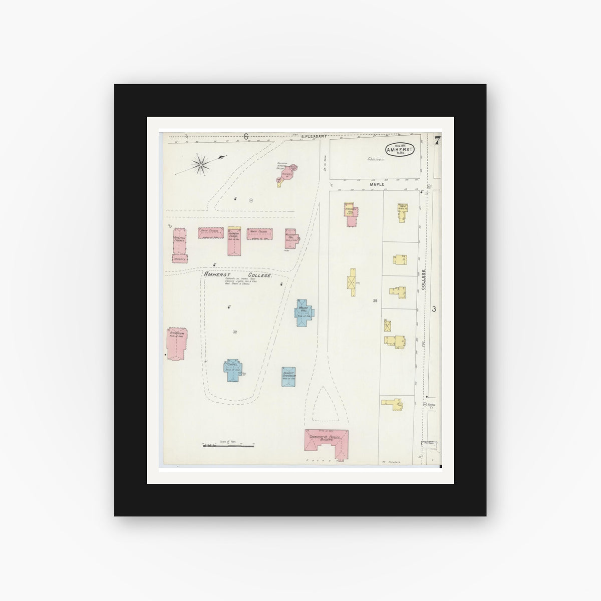 Old map wall art mockup — black gallery frame with white mat — Sanborn Fire Insurance Map from Amherst, Hampshire County, Massachusetts (1896), Sheet #0007