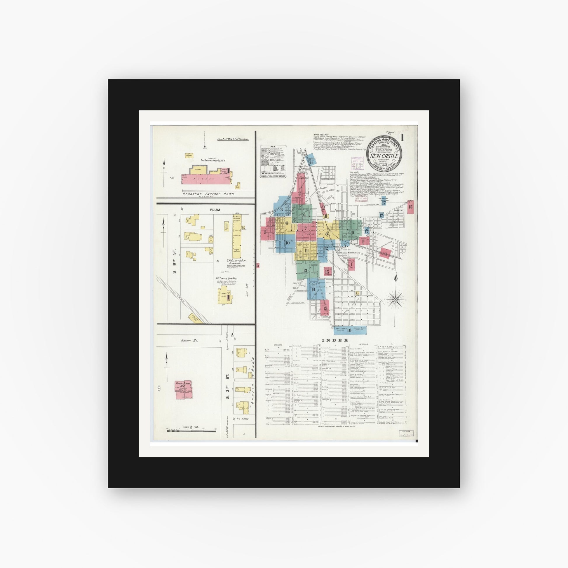 Old map wall art mockup — black gallery frame with white mat — Sanborn Fire Insurance Map from New Castle, Henry County, Indiana (1908), Sheet #0001