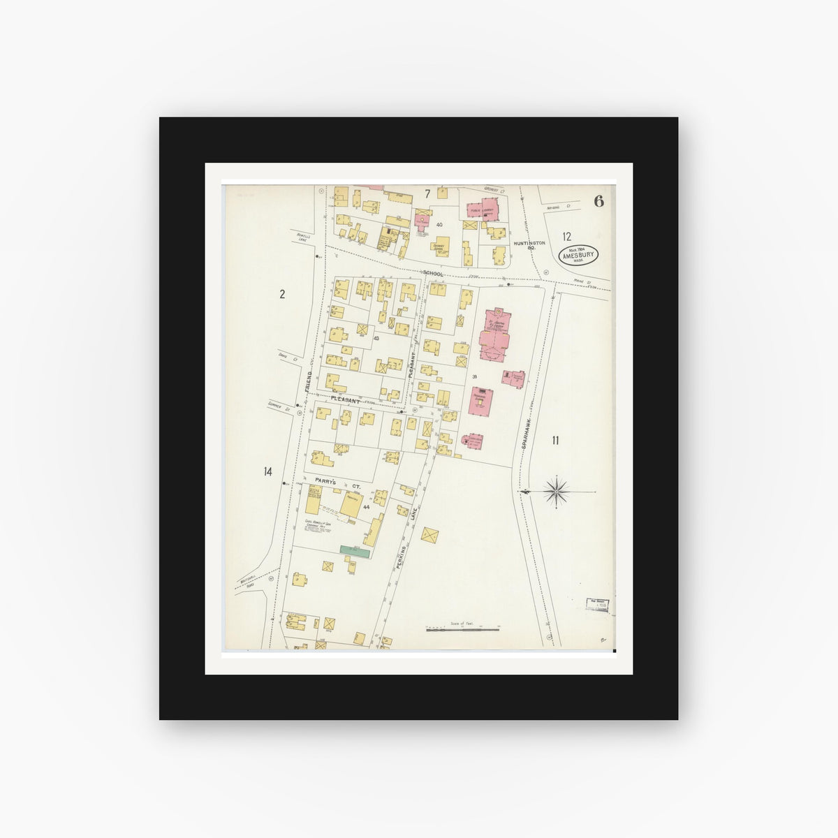 Old map wall art mockup — black gallery frame with white mat — Sanborn Fire Insurance Map from Amesbury, Essex County, Massachusetts (1904), Sheet #0006