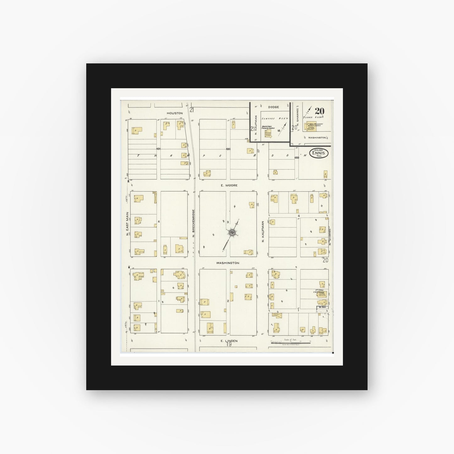 Old map wall art mockup — black gallery frame with white mat — Sanborn Fire Insurance Map from Ennis, Ellis County, Texas (1920), Sheet #0020