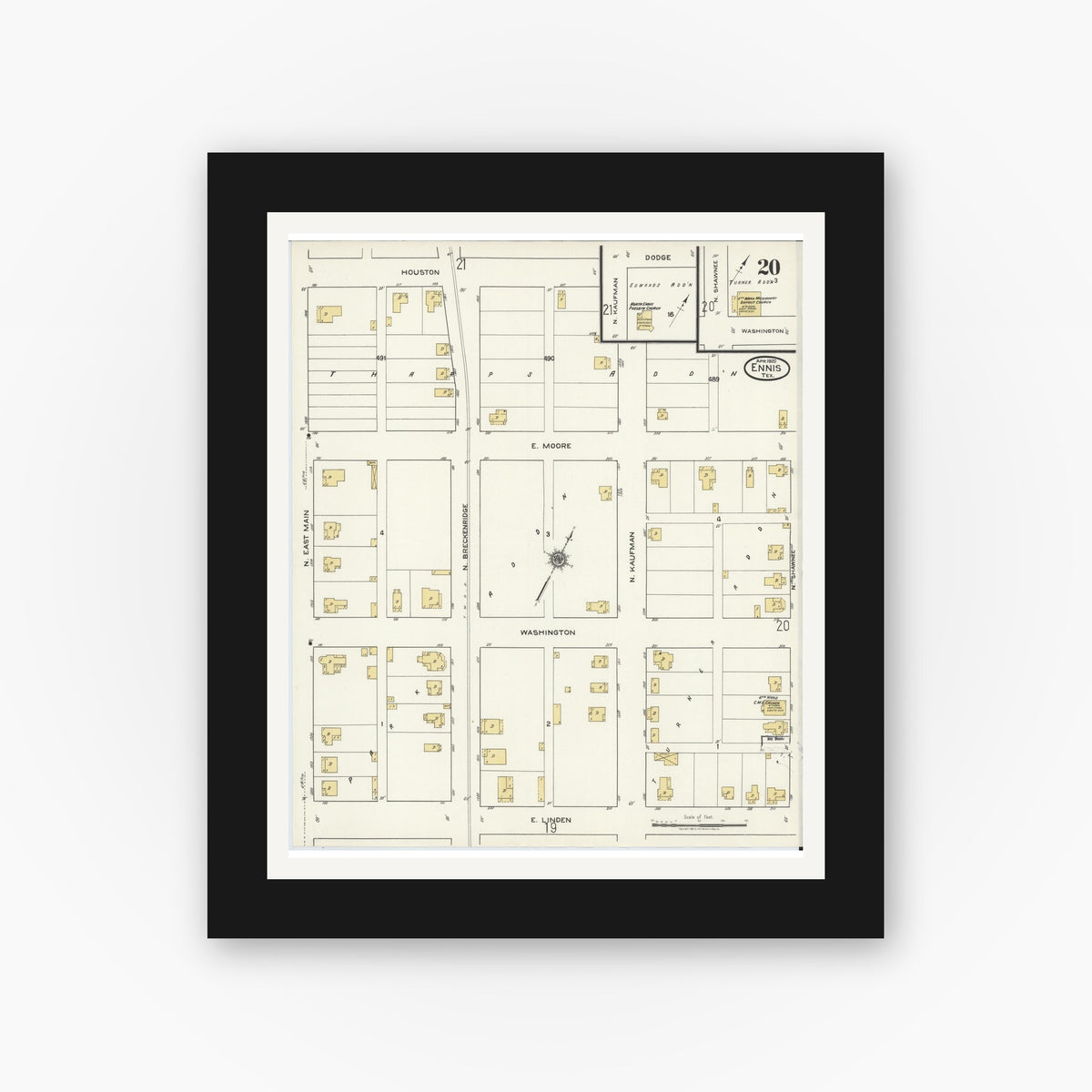 Old map wall art mockup — black gallery frame with white mat — Sanborn Fire Insurance Map from Ennis, Ellis County, Texas (1920), Sheet #0020
