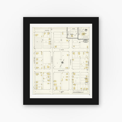 Old map wall art mockup — black gallery frame with white mat — Sanborn Fire Insurance Map from Ennis, Ellis County, Texas (1920), Sheet #0020