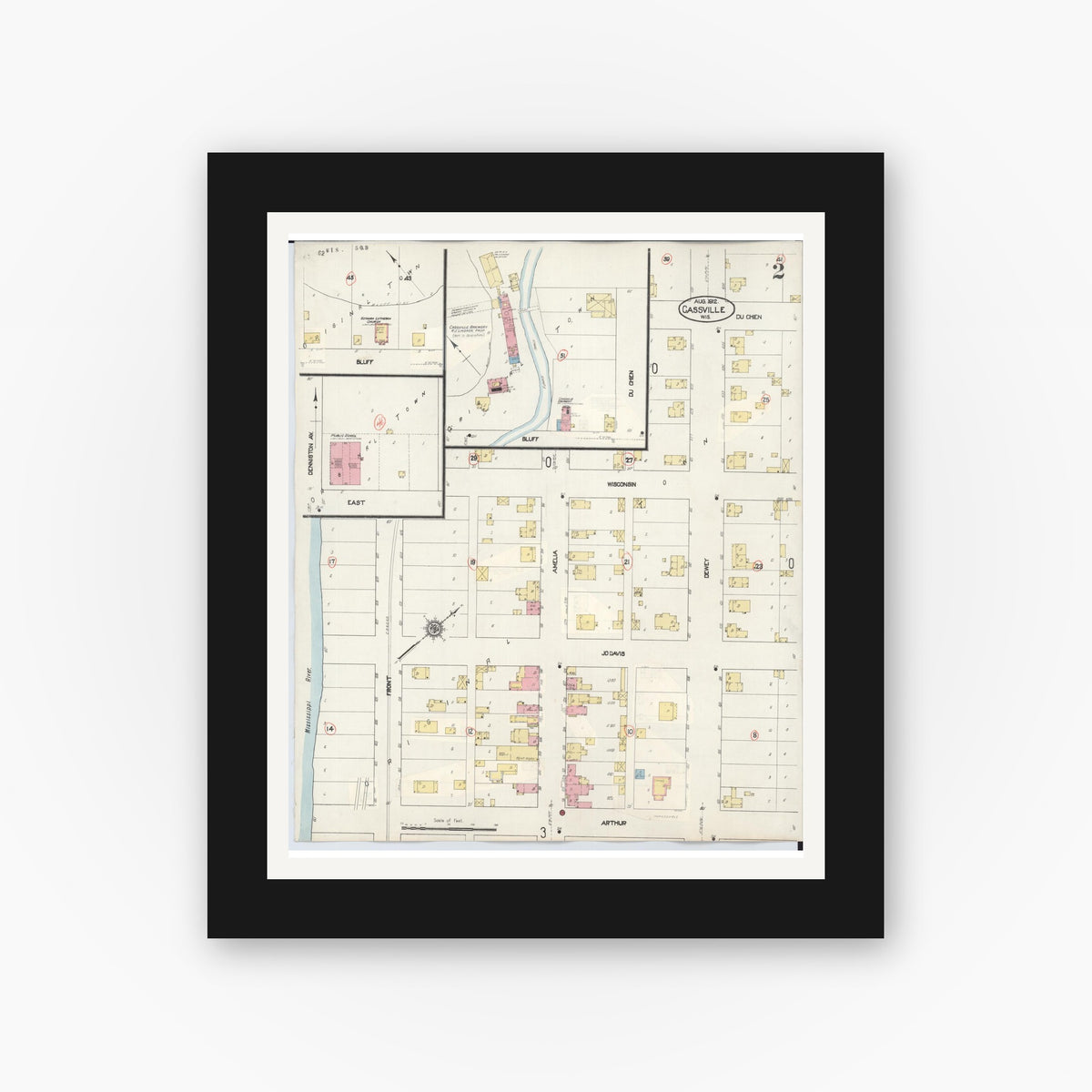 Old map wall art mockup — black gallery frame with white mat — Sanborn Fire Insurance Map from Cassville, Grant County, Wisconsin (1932), Sheet #0002