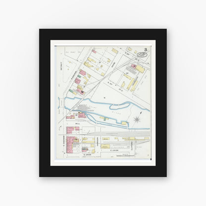 Old map wall art mockup — black gallery frame with white mat — Sanborn Fire Insurance Map from Flint, Genesee County, Michigan (1892), Sheet #0003