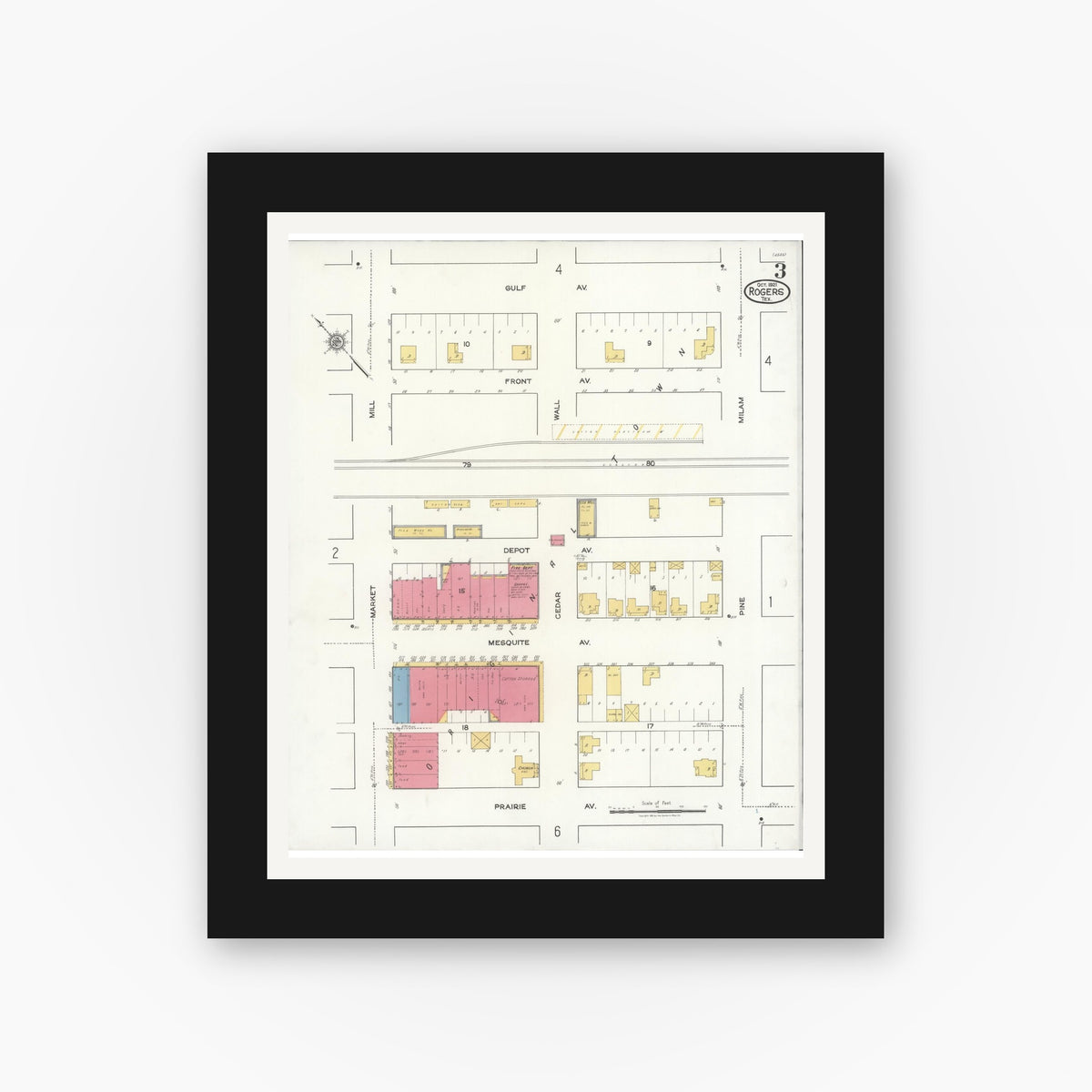 Old map wall art mockup — black gallery frame with white mat — Sanborn Fire Insurance Map from Rogers, Bell County, Texas (1921), Sheet #0003