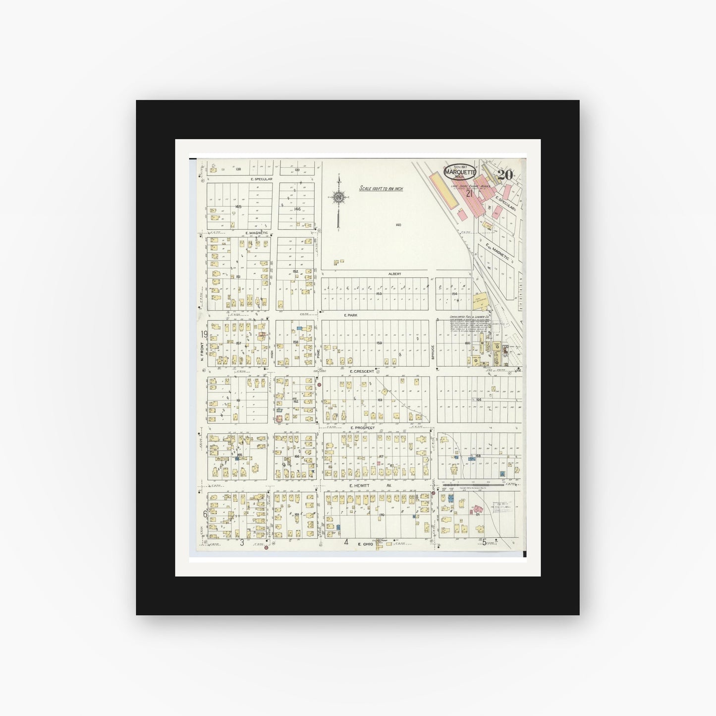 Old map wall art mockup — black gallery frame with white mat — Sanborn Fire Insurance Map from Marquette, Marquette County, Michigan (1917), Sheet #0020