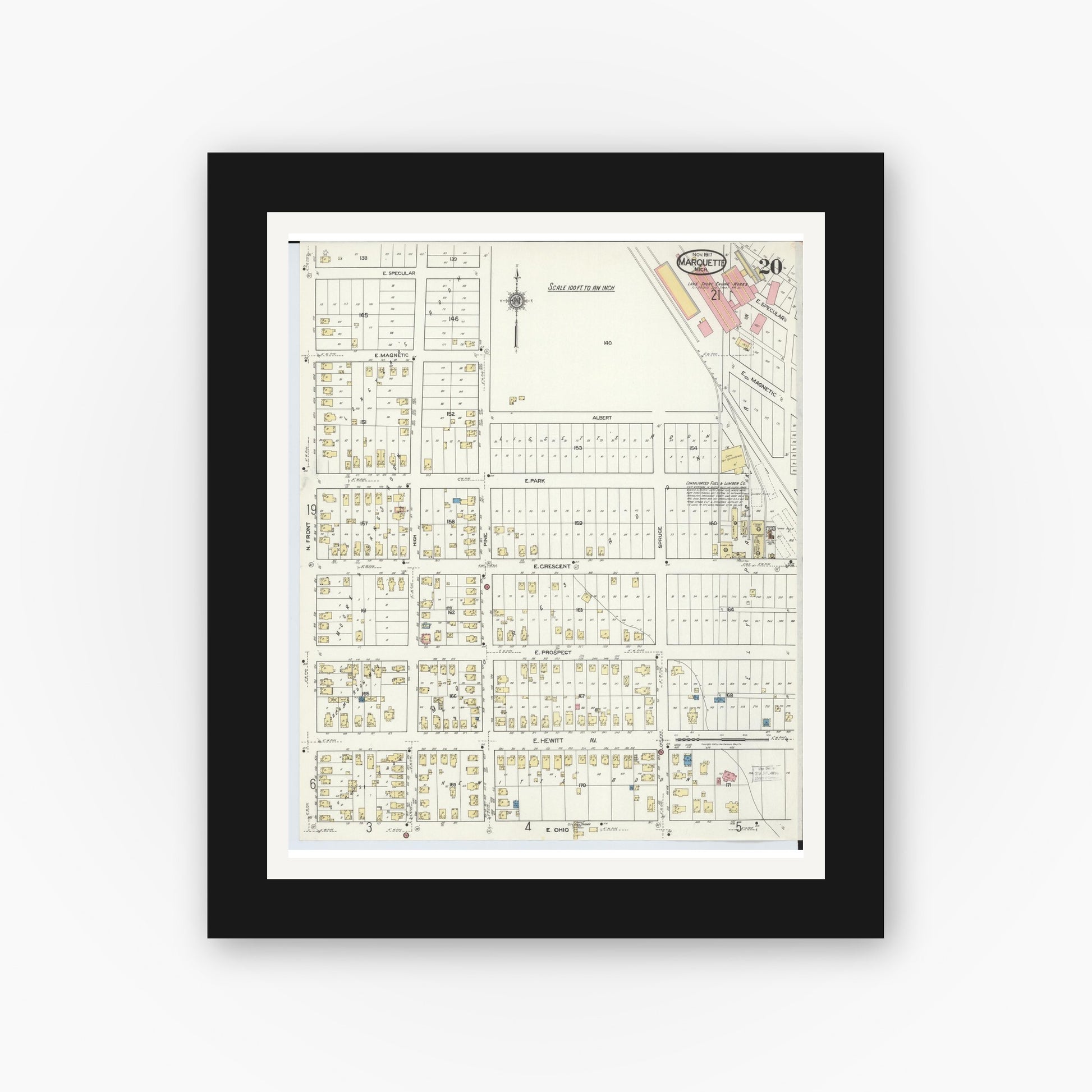 Old map wall art mockup — black gallery frame with white mat — Sanborn Fire Insurance Map from Marquette, Marquette County, Michigan (1917), Sheet #0020