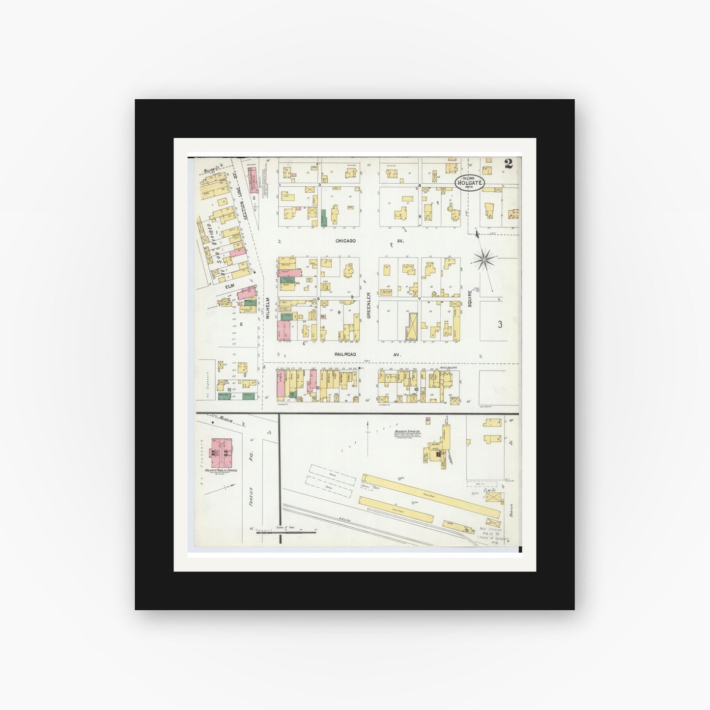 Old map wall art mockup — black gallery frame with white mat — Sanborn Fire Insurance Map from Holgate, Henry County, Ohio (1901), Sheet #0002