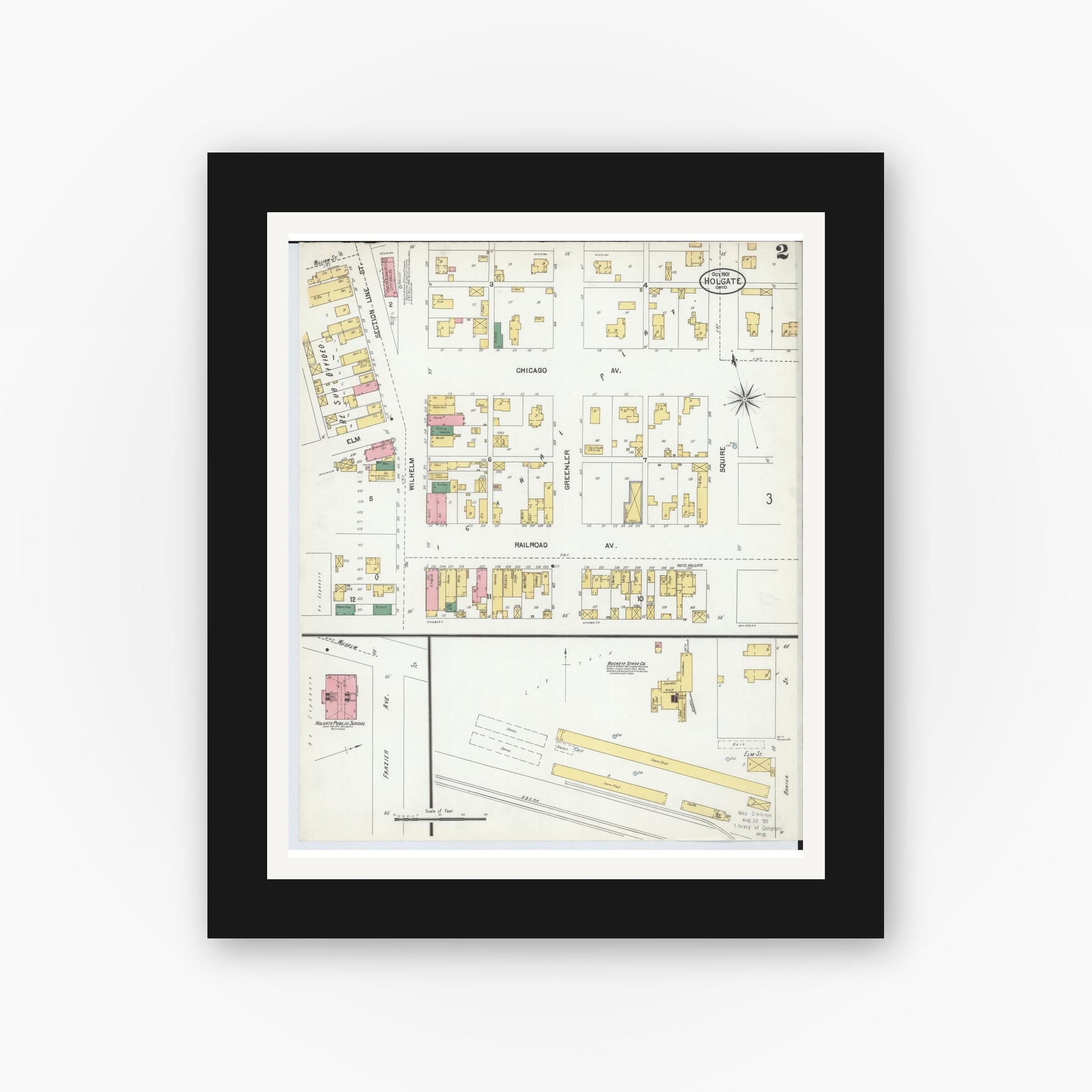 Old map wall art mockup — black gallery frame with white mat — Sanborn Fire Insurance Map from Holgate, Henry County, Ohio (1901), Sheet #0002