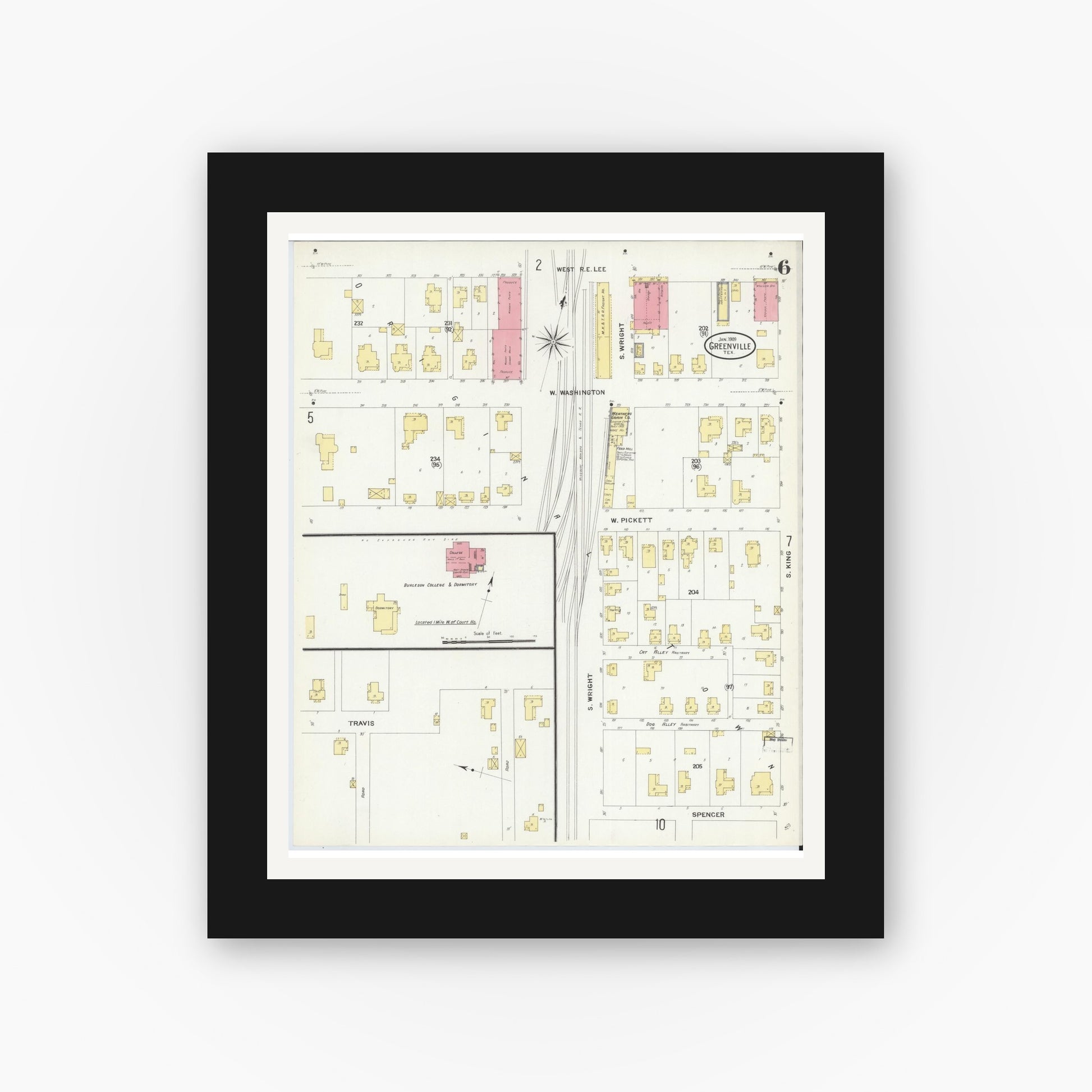 Old map wall art mockup — black gallery frame with white mat — Sanborn Fire Insurance Map from Greenville, Hunt County, Texas (1909), Sheet #0006