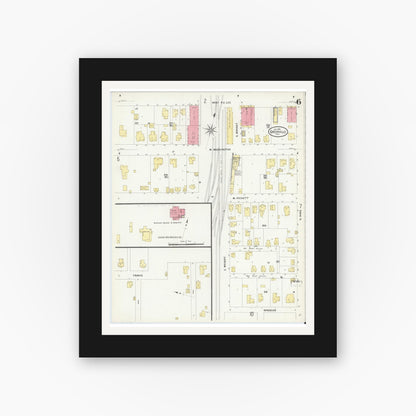 Old map wall art mockup — black gallery frame with white mat — Sanborn Fire Insurance Map from Greenville, Hunt County, Texas (1909), Sheet #0006