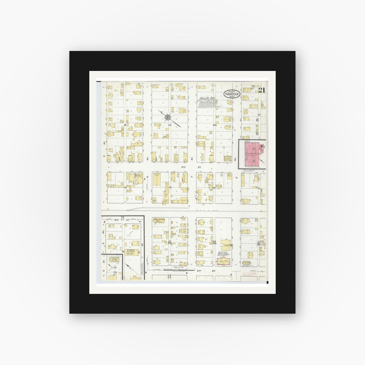 Old map wall art mockup — black gallery frame with white mat — Sanborn Fire Insurance Map from Hancock, Houghton County, Michigan (1917), Sheet #0021