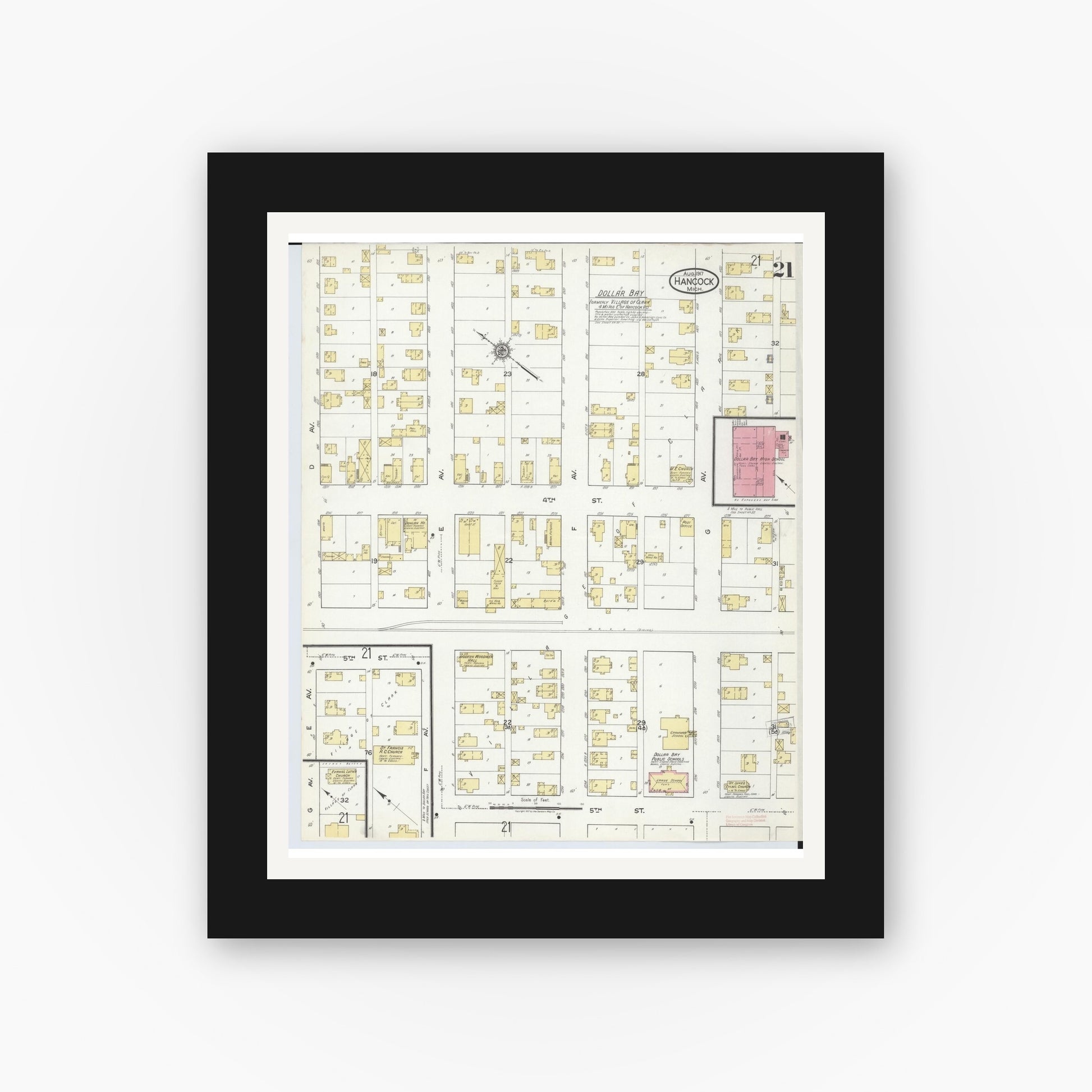 Old map wall art mockup — black gallery frame with white mat — Sanborn Fire Insurance Map from Hancock, Houghton County, Michigan (1917), Sheet #0021