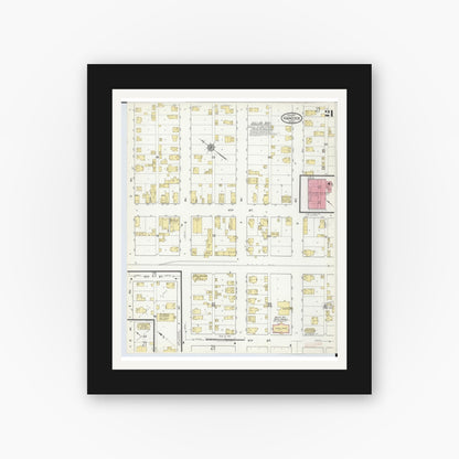 Old map wall art mockup — black gallery frame with white mat — Sanborn Fire Insurance Map from Hancock, Houghton County, Michigan (1917), Sheet #0021