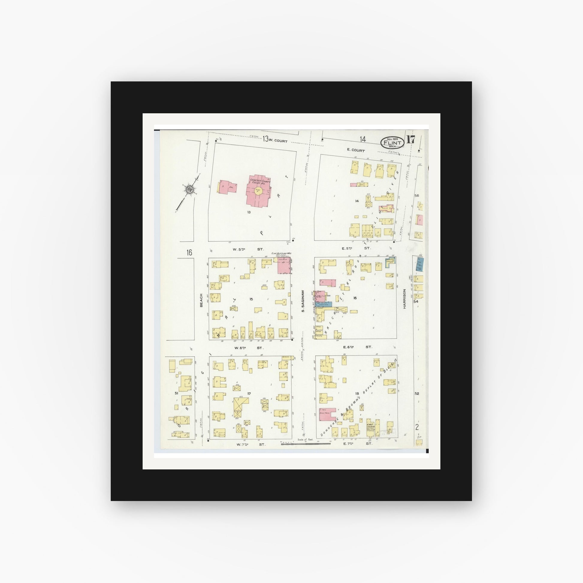 Old map wall art mockup — black gallery frame with white mat — Sanborn Fire Insurance Map from Flint, Genesee County, Michigan (1909), Sheet #0017