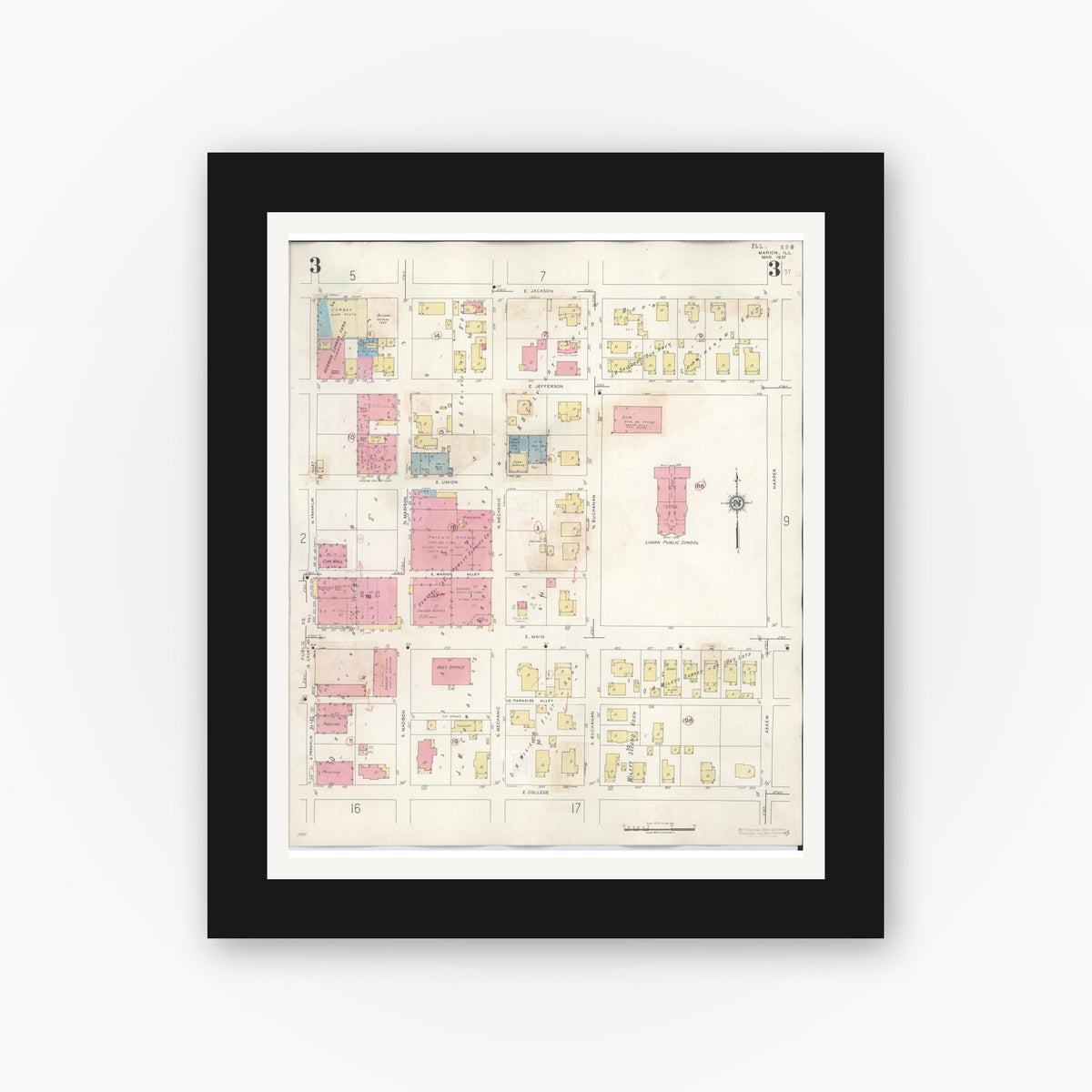 Old map wall art mockup — black gallery frame with white mat — Sanborn Fire Insurance Map from Marion, Williamson County, Illinois (1946), Sheet #0003