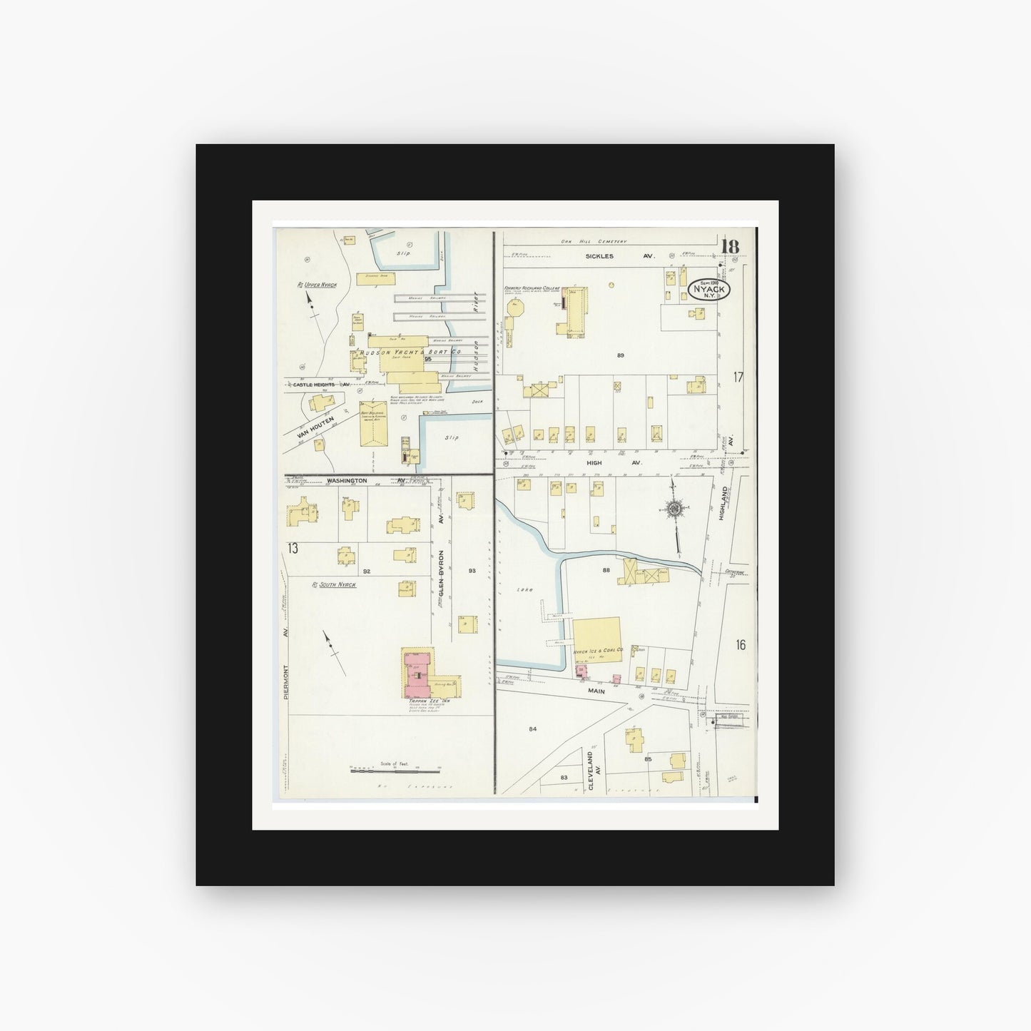 Old map wall art mockup — black gallery frame with white mat — Sanborn Fire Insurance Map from Nyack, Rockland County, New York. (1910), Sheet #0018