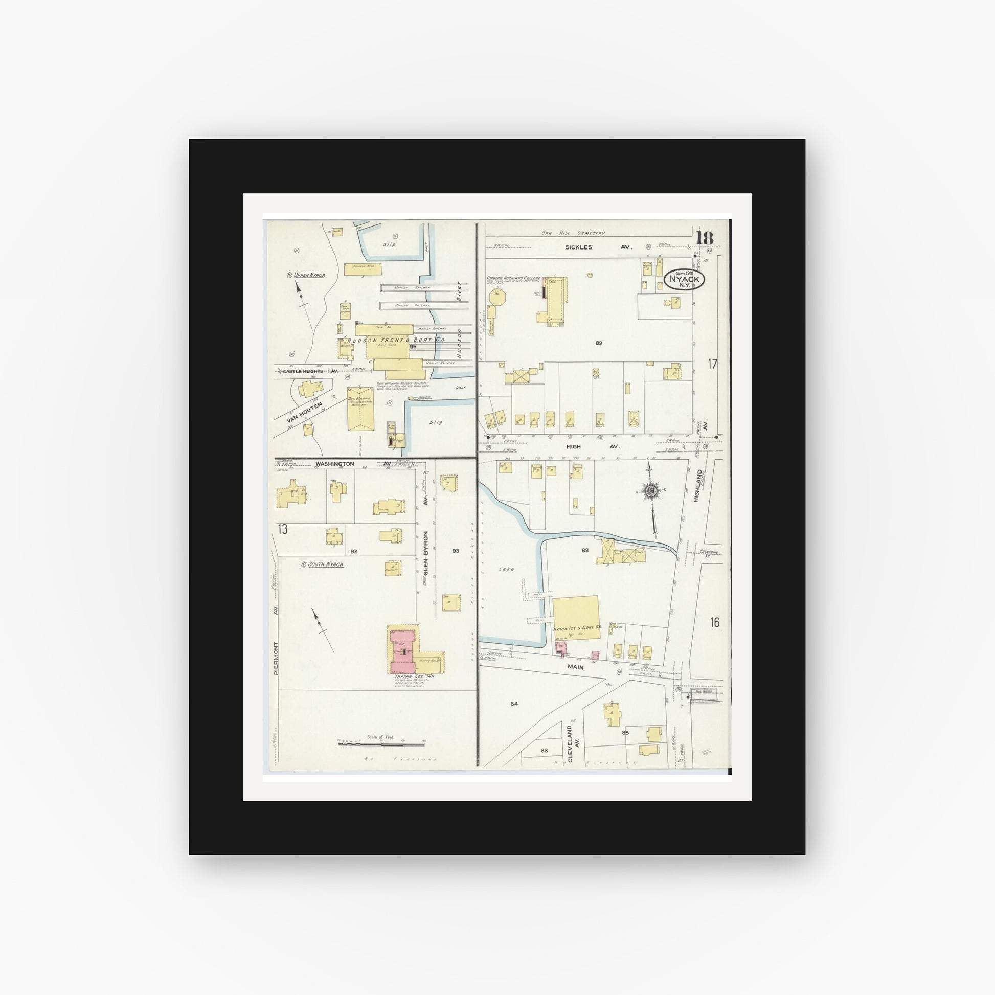 Old map wall art mockup — black gallery frame with white mat — Sanborn Fire Insurance Map from Nyack, Rockland County, New York. (1910), Sheet #0018