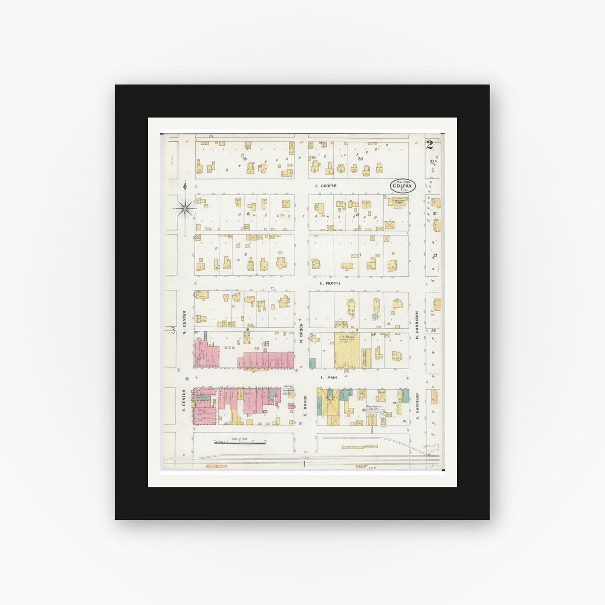Old map wall art mockup — black gallery frame with white mat — Sanborn Fire Insurance Map from Colfax, McLean County, Illinois (1906), Sheet #0002