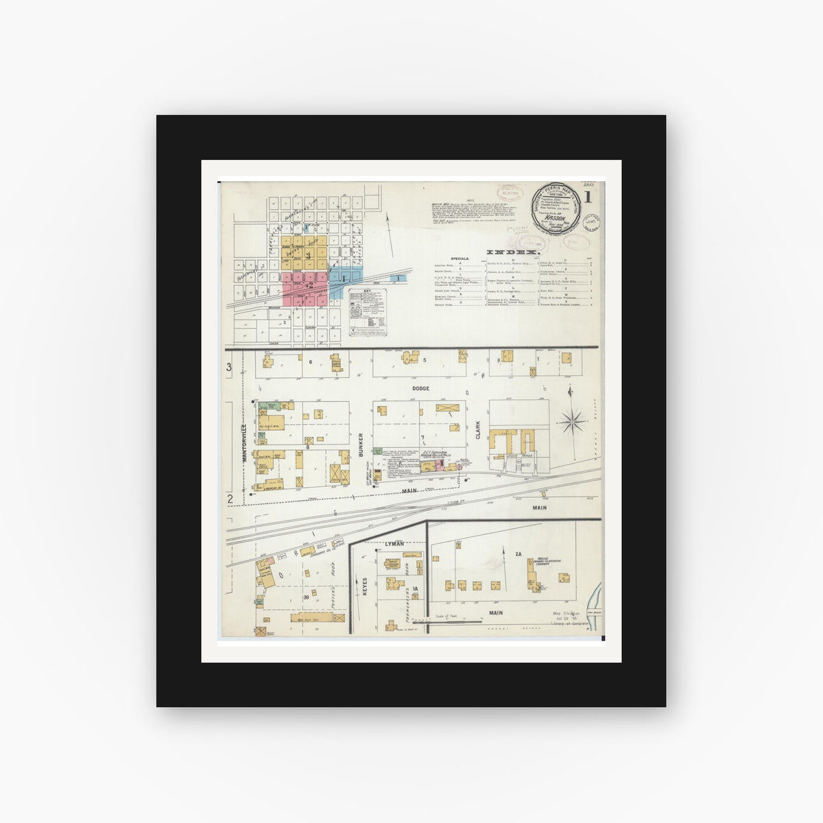 Old map wall art mockup — black gallery frame with white mat — Sanborn Fire Insurance Map from Kasson, Dodge County, Minnesota (1899), Sheet #0001
