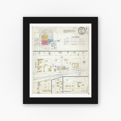 Old map wall art mockup — black gallery frame with white mat — Sanborn Fire Insurance Map from Kasson, Dodge County, Minnesota (1899), Sheet #0001