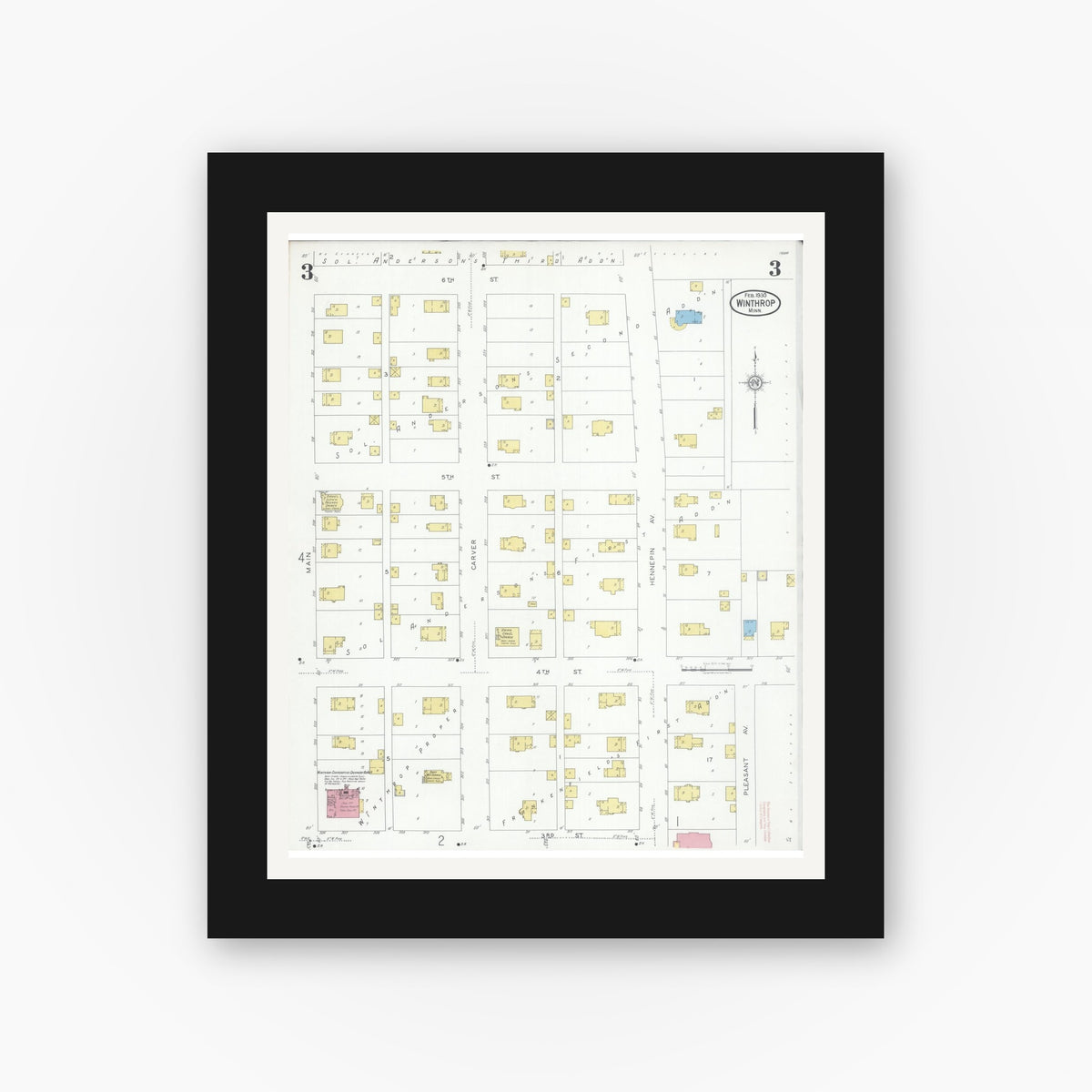 Old map wall art mockup — black gallery frame with white mat — Sanborn Fire Insurance Map from Winthrop, Sibley County, Minnesota (1930), Sheet #0003